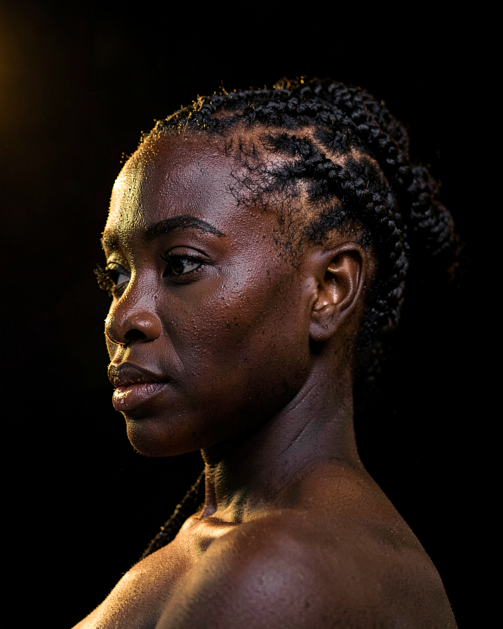 Tresses collées haut, profil, fond noir profond