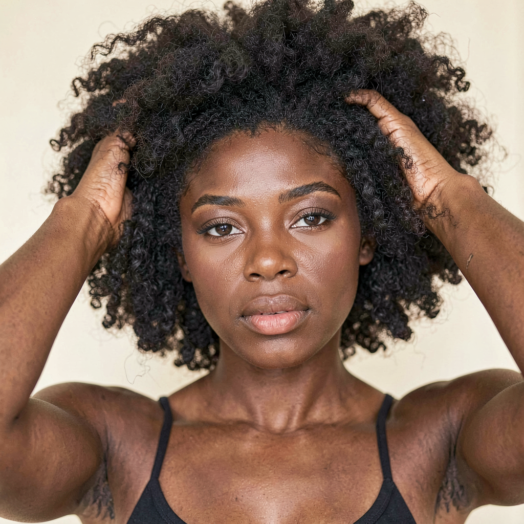 Twist-out volumineux, fond crème, regard caméra