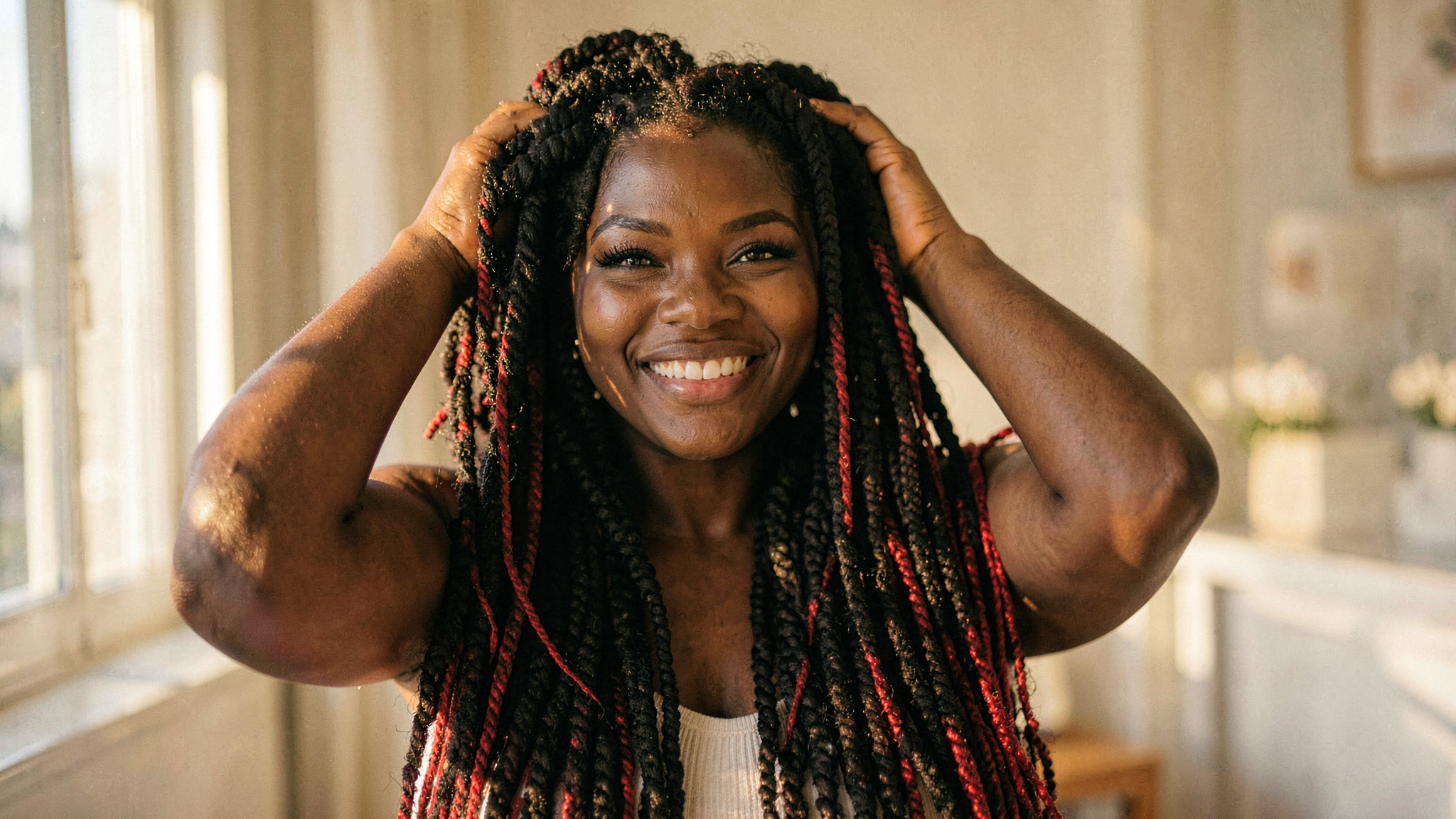 Portrait lifestyle d'une femme noire aux locs volumineuses ornées de fils rouges, lumière naturelle chaude, fond cream
